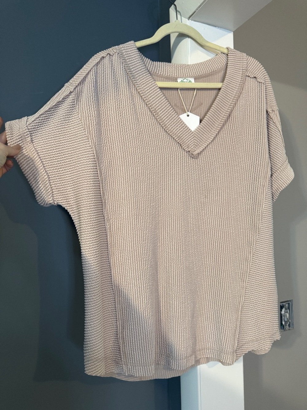 V-Neck Short Sleeve Waffle Knit Top - Blush